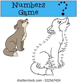 Educational game: Numbers game with contour. Little cute baby wolf sits and howls.
