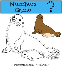 Educational game: Numbers game with contour. Mother fur seal with her little cute white-coated baby.