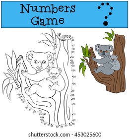 Educational game: Numbers game with contour. Mother koala sits on the tree branch with her little cute baby and smiles.
