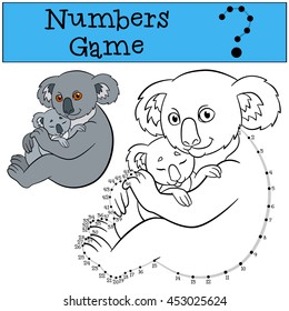 Educational game: Numbers game with contour. Mother koala sits with her little cute baby and smiles.