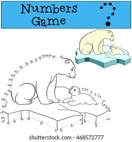 Educational game: Numbers game with contour. Mother polar bear with her little cute baby on the ice-floe.