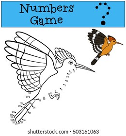 Educational game: Numbers game. Cute beautiful hoopoe flies and smiles.