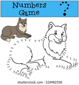 Educational game: Numbers game. Cute beautiful wolf lies and smiles.