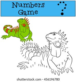 Educational game: Numbers game. Cute green iguana sits and smiles.