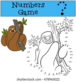 Educational game: Numbers game. Cute lazy sloth hangs on the tree branch and smiles.