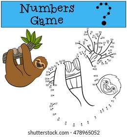 Educational game: Numbers game. Cute lazy sloth hangs on the tree branch and smiles.