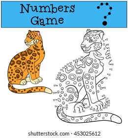 Educational game: Numbers game. Cute spotted jaguar sits and smiles.