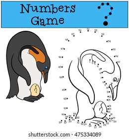 Educational game: Numbers game. Father penguin looks at the egg and smiles.
