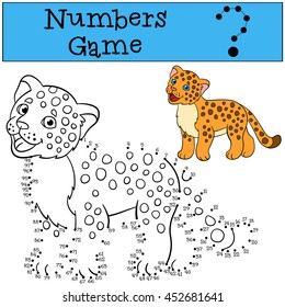 Educational game: Numbers game. Little cute baby jaguar smiles.