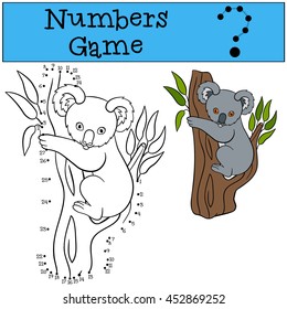 Educational game: Numbers game. Little cute baby koala sits on the tree branch and smiles.