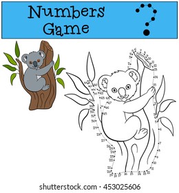 Educational game: Numbers game. Little cute baby koala sits on the tree branch and smiles.