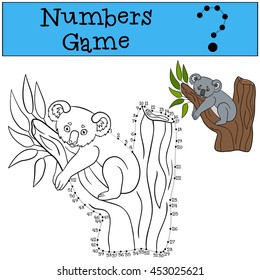 Educational game: Numbers game. Little cute baby koala sits on the tree branch and smiles.