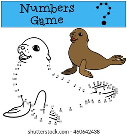 Educational game: Numbers game. Little cute baby fur seal smiles.