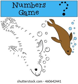 Educational game: Numbers game. Little cute brown fur seal swims and smiles.