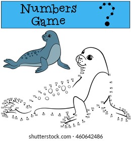 Educational game: Numbers game. Little cute spotted seal smiles.