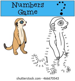 Educational game: Numbers game. Little cute baby meerkat stands and smiles.