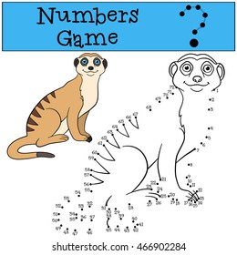 Educational game: Numbers game. Little cute meerkat sits and smiles.