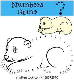 Educational game: Numbers game. Little cute baby polar bear smiles.