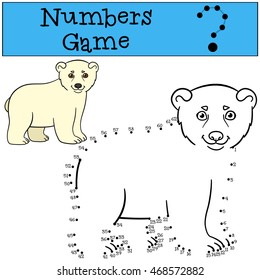 Educational game: Numbers game. Little cute baby polar bear smiles.