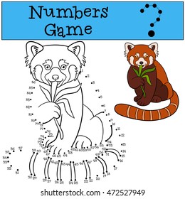 Educational game: Numbers game. Little cute red panda eats leaves.