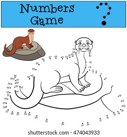 Educational game: Numbers game. Little cute otter stands on the stone and smiles.