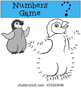 Educational game: Numbers game. Little cute baby penguin stands and smiles.