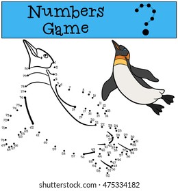 Educational game: Numbers game. Little cute penguin swims and smiles.