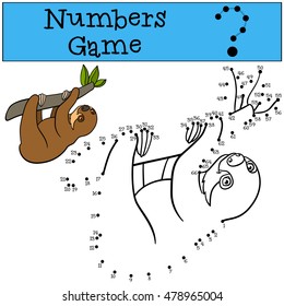 Educational game: Numbers game. Little cute baby sloth hangs on the tree branch and smiles.