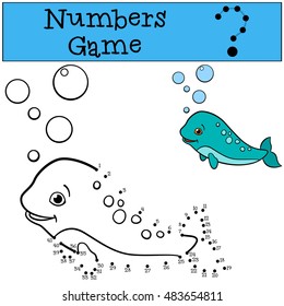 Educational game: Numbers game. Little cute baby narwhal swims and smiles.