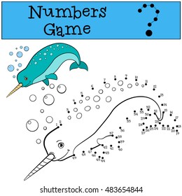 Educational game: Numbers game. Little cute narwhal swims and smiles.