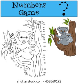 Educational game: Numbers game. Mother koala sits on the tree branch with her little cute baby and smiles.