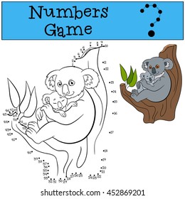Educational game: Numbers game. Mother koala sits on the tree branch with her little cute baby and smiles.