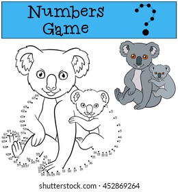 Educational game: Numbers game. Mother koala sits with her little cute baby and smiles.