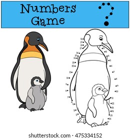 Educational game: Numbers game. Mother penguin with her little cute baby.