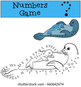 Educational game: Numbers game. Mother seal with her little cute baby.