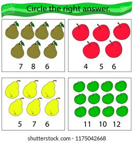 Educational game for preschool children. Circle the right answer. Fruit. Pears, apples. Color vector illustration.