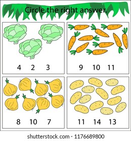 Educational game for preschool children. Circle the right answer. Vegetables. Cabbage, carrots, potatoes, onions. Colored Vector illustration.