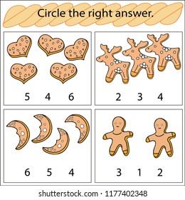 Educational game for preschool children. Circle the right answer. Christmas gingerbread. Heart, deer, moon, man.Colored Vector illustration.