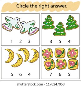 Educational game for preschool children. Circle the right answer. Christmas gingerbread. Herringbone, bird, month. Colored Vector illustration.