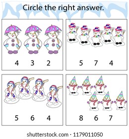 Educational game for preschool children. Circle the right answer. Christmas theme. A set of snowmen. Snowmen, Christmas tree, Santa's bag with gifts. Color vector illustration