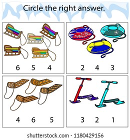 Educational game for preschool children. Circle the right answer. Winter theme. Sledge, freezing, snow. Colored Vector illustration.