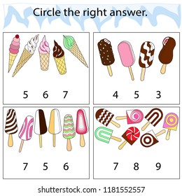 Educational game for preschool children. Circle the right answer. A set of ice cream. multilayered, chocolate. Colored Vector illustration.