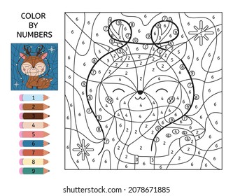 Educational game for preschool children  Color by numbers  Cute cartoon deer and Christmas lights  Kawaii forest animal  Printable worksheet  Coloring book 