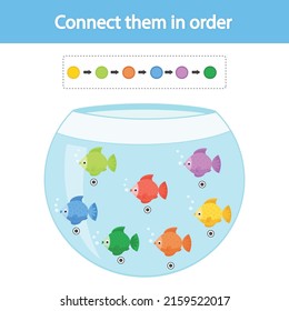 Educational game for preschool children. Connect with a line according to the color pattern. Fish in the aquarium. The development of logic and attention. Vector illustration. Sheet for printing