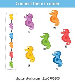 Educational game for preschool children. Connect by dots by color, according to the sample. Sea Horse. The development of logic and attention. Vector illustration. Printable sheet