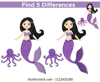 Educational game for preschool children. Find five differences. Cartoon mermaid with octopus. Vector illustration