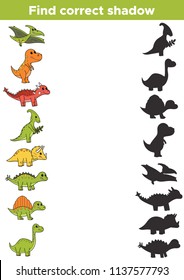 Educational game for preschool children. Find correct dinosaurs shadow. Funny cartoon characters. Vector illustration svg