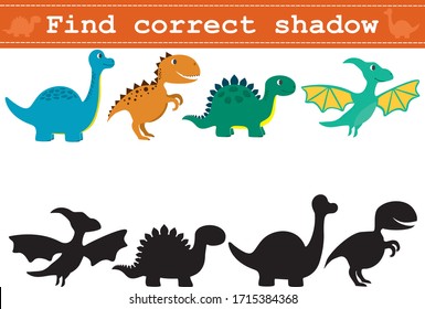 Educational game for preschool children "Find the correct shadow" with funny dinosaurs. Vector illustration for children's magazines and preschool institutions
