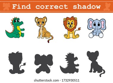 Educational game for preschool children "Find the correct shadow" with funny animals. Vector illustration for children's magazines and preschool institutions