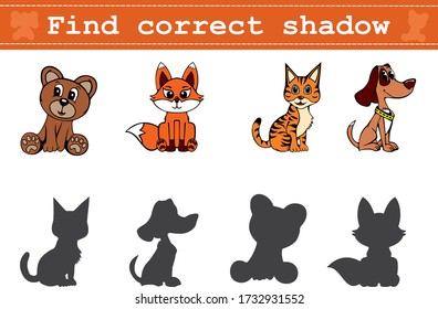 Educational game for preschool children "Find the correct shadow" with funny animals. Vector illustration for children's magazines and preschool institutions